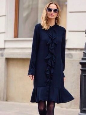 Tory Burch Navy Silk Long-Sleeve Ruffle-Front Dress